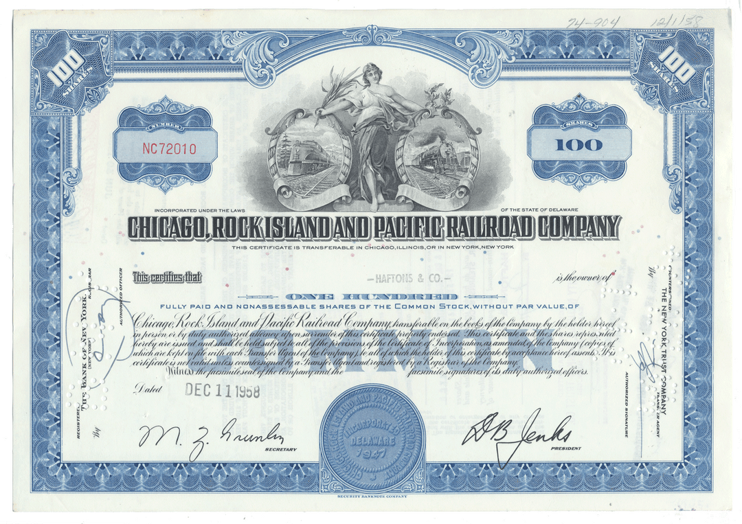 Vintage stock certificate of the Chicago, Rock Island and Pacific Railroad Company with decorative elements from 1958
