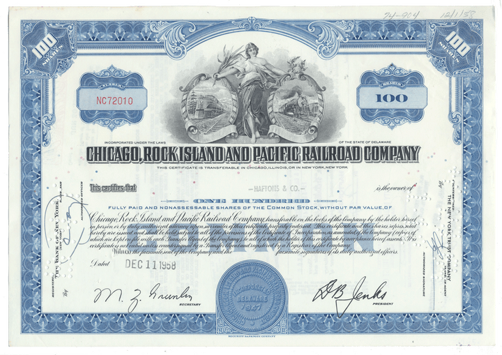 Vintage stock certificate of the Chicago, Rock Island and Pacific Railroad Company with decorative elements from 1958