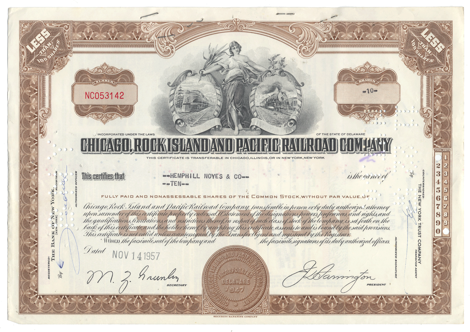 Vintage stock certificate of the Chicago, Rock Island and Pacific Railroad Company with decorative elements and text from 1957