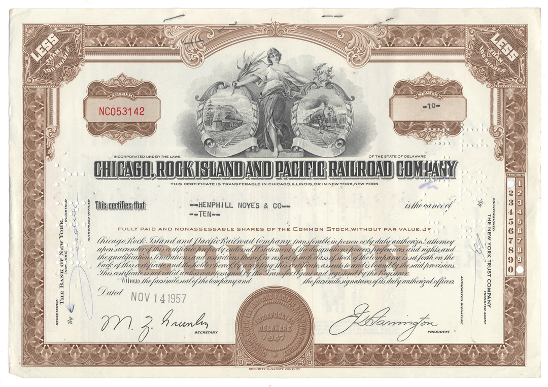 Vintage stock certificate of the Chicago, Rock Island and Pacific Railroad Company with decorative elements and text from 1957
