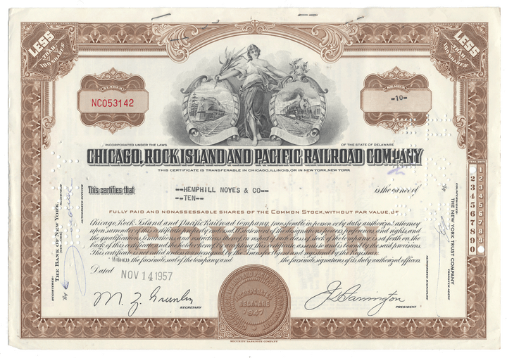Vintage stock certificate of the Chicago, Rock Island and Pacific Railroad Company with decorative elements and text from 1957