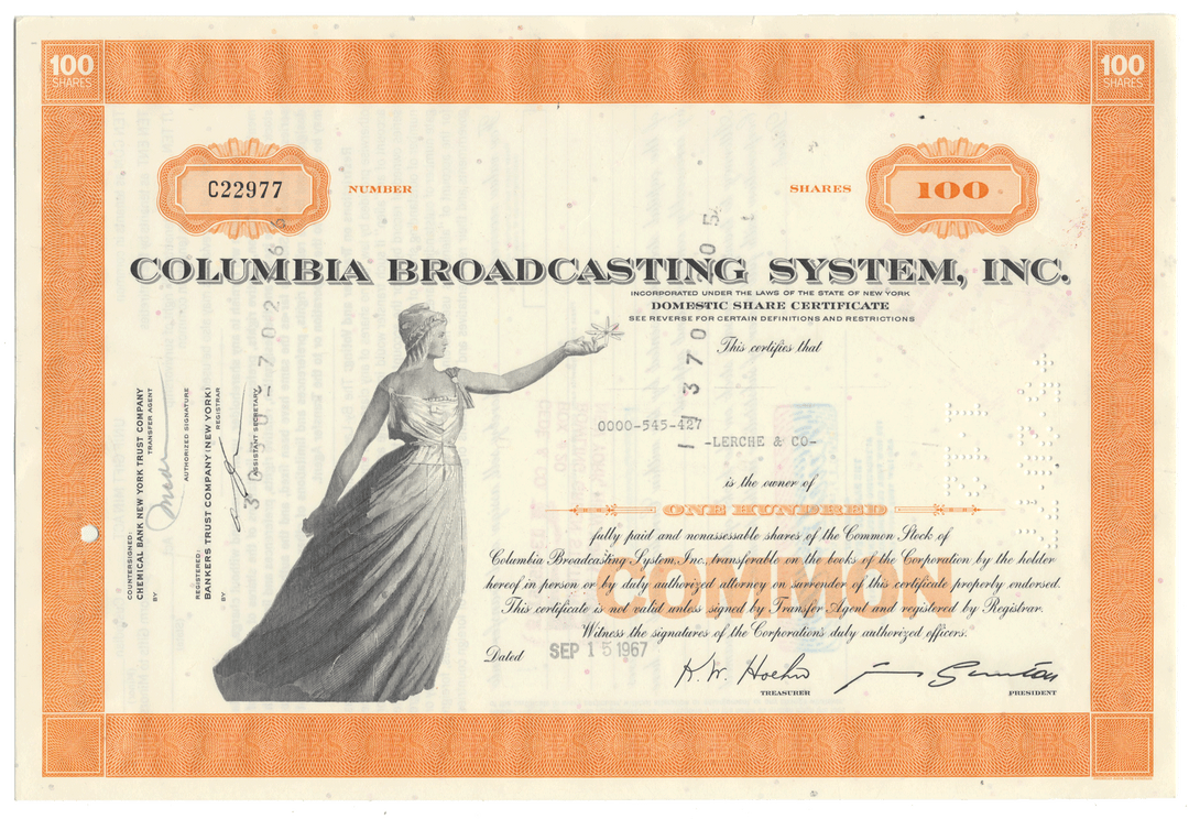 A vintage stock certificate for Columbia Broadcasting System, Inc. from 1967