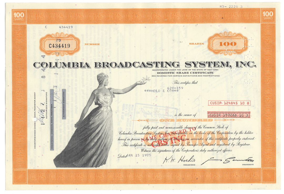A vintage 100 share certificate from Columbia Broadcasting System, Inc., dated 1975