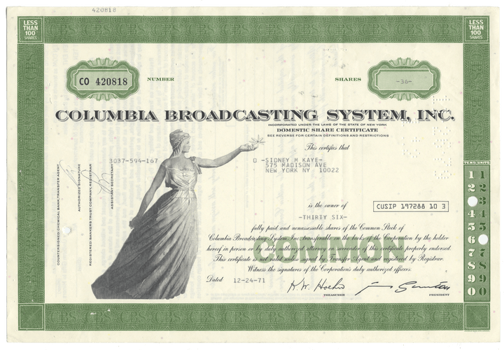 Columbia Broadcasting System, Inc. stock certificate from 1971