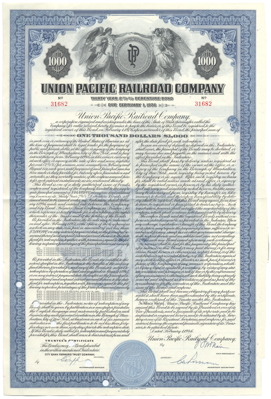 Union Pacific Railroad Company Bond Certificate