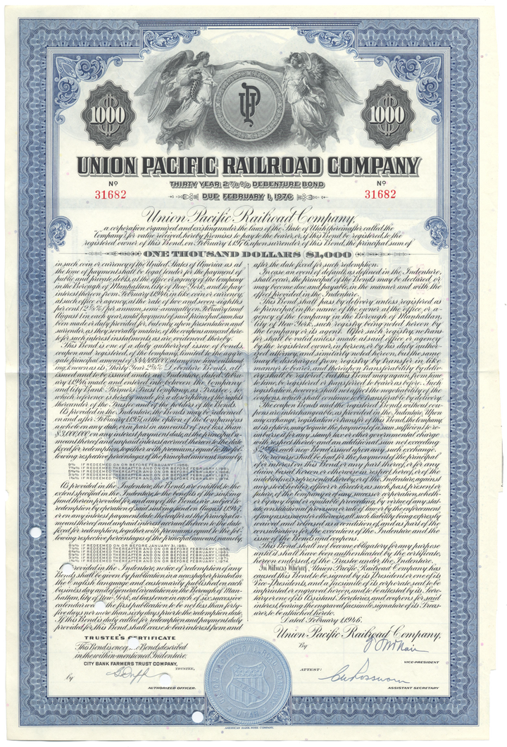 Union Pacific Railroad Company Bond Certificate