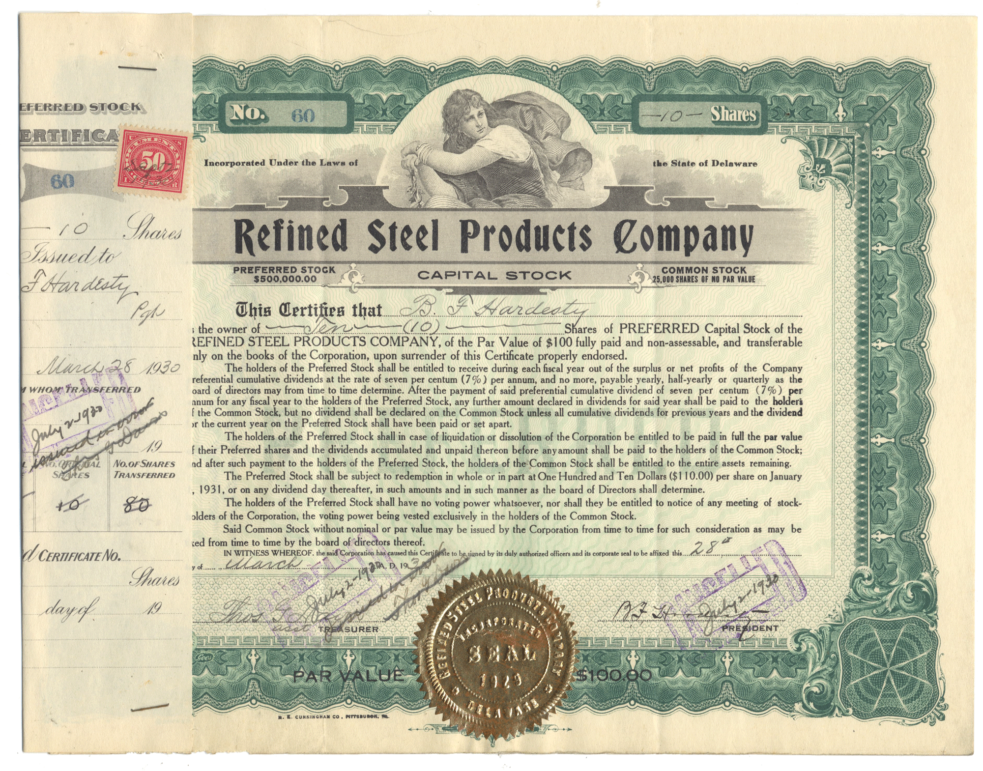 Vintage stock certificate from Refined Steel Products Company with decorative elements and a stamp from 1930
