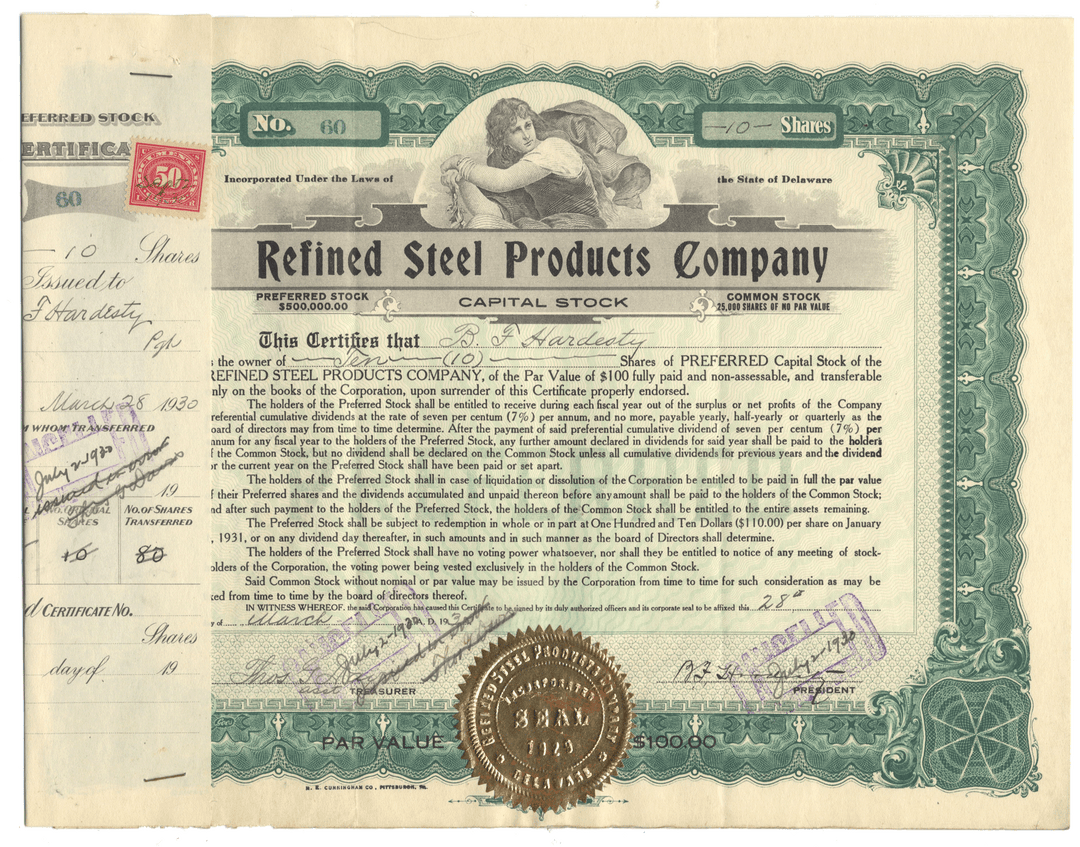 Vintage stock certificate from Refined Steel Products Company with decorative elements and a stamp from 1930