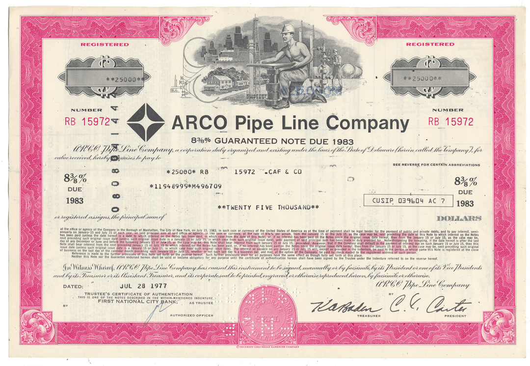 A vintage ARCO Pipe Line Company bond certificate from 1976