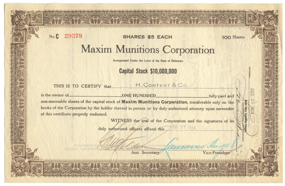 Maxim Munitions Corporation stock certificate from 1918
