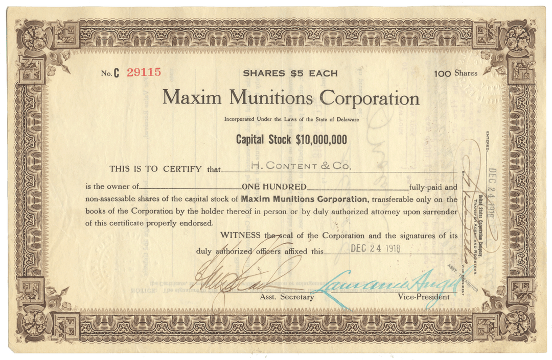 Maxim Munitions Stock Certificate from 1918