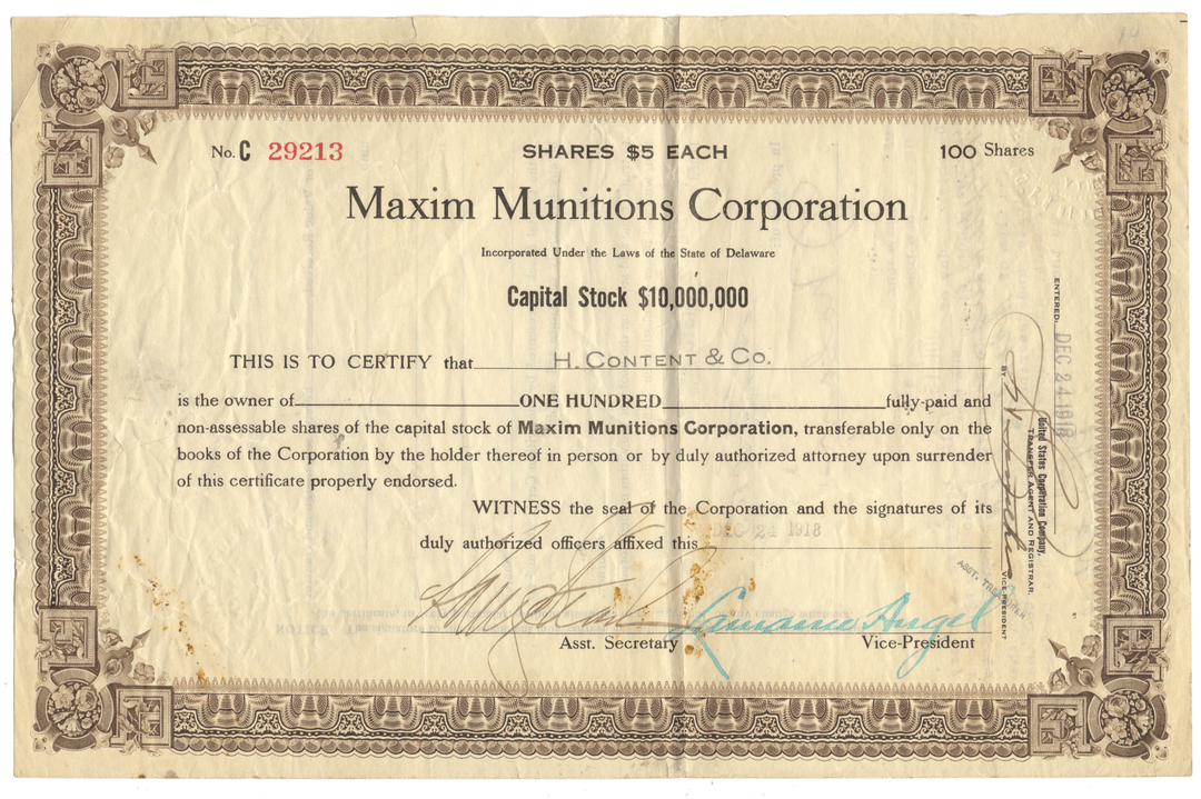 Maxim Munitions Corporation stock certificate with detailed text and signatures.