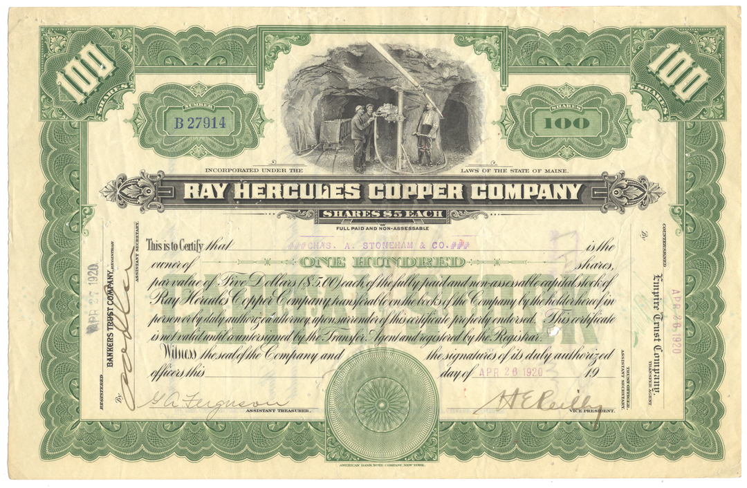 Ray Hercules Copper Company Stock Certificate