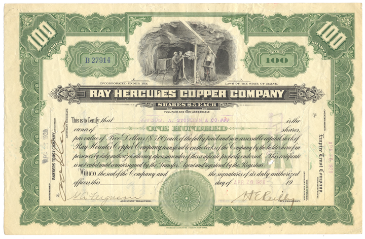 Ray Hercules Copper Company Stock Certificate