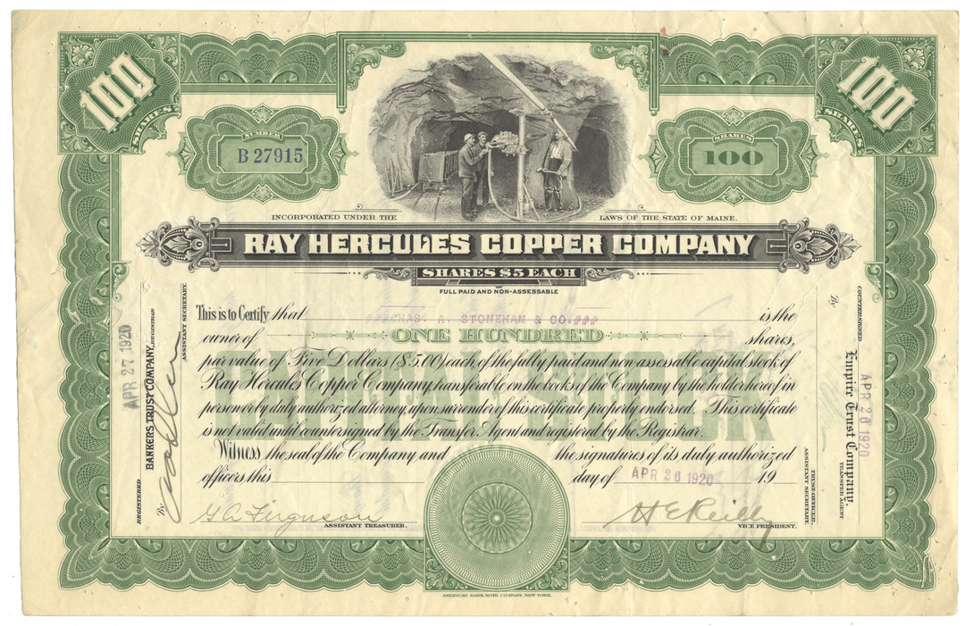 Ray Hercules Copper Company Stock Certificate