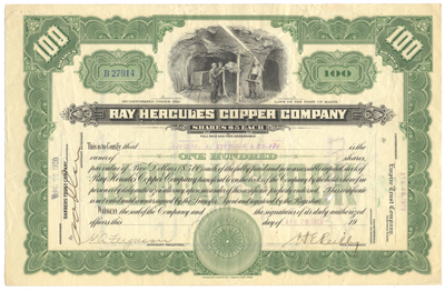 Ray Hercules Copper Company Stock Certificate