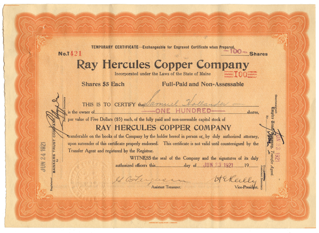 Vintage stock certificate from Ray Hercules Copper Company with decorative border