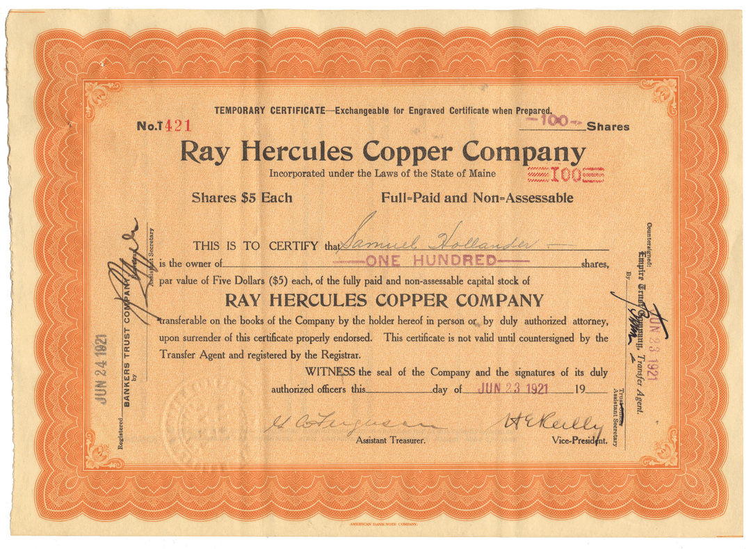 Vintage stock certificate from Ray Hercules Copper Company with decorative border