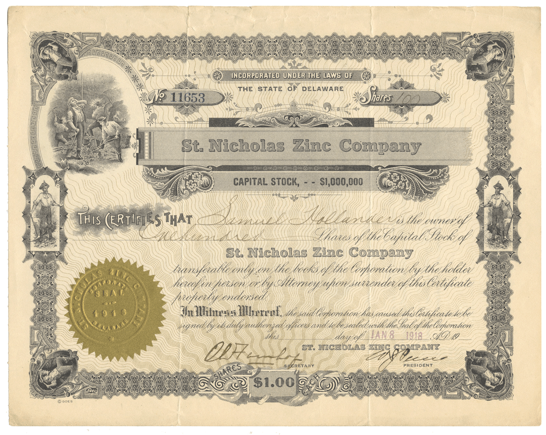St. Nicholas Zinc Company stock certificate from 1918