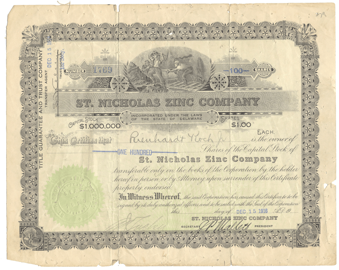 An antique St. Nicholas Zing Company stock certificate from 1916
