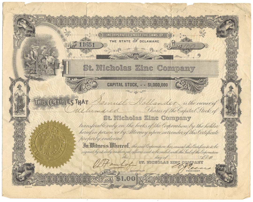 An antique St. Nicholas Zinc Company stock certificate from 1912