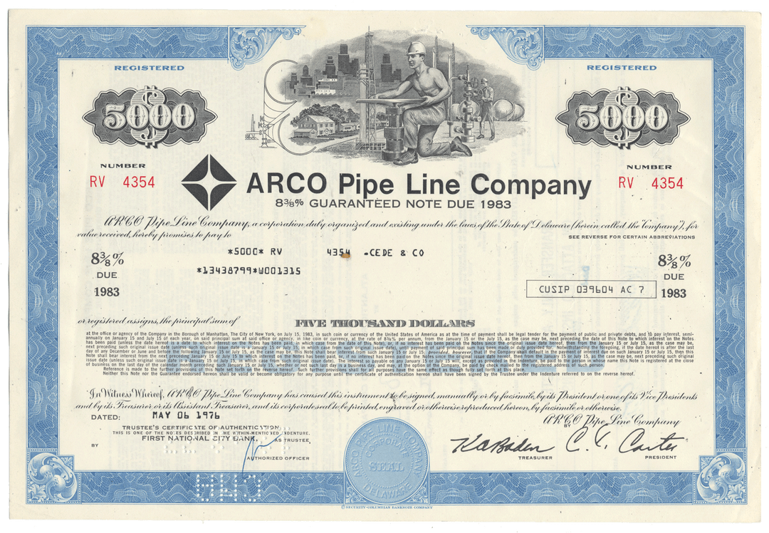 Arco Pipe Line Company bond certificate with blue border and text