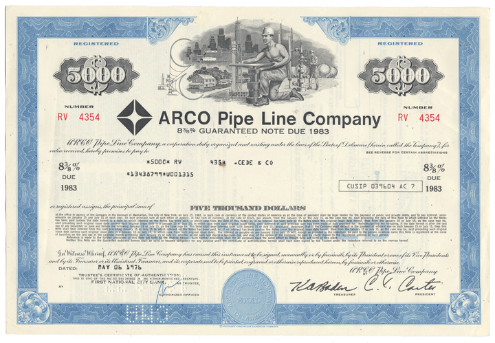 Arco Pipe Line Company bond certificate with blue border and text