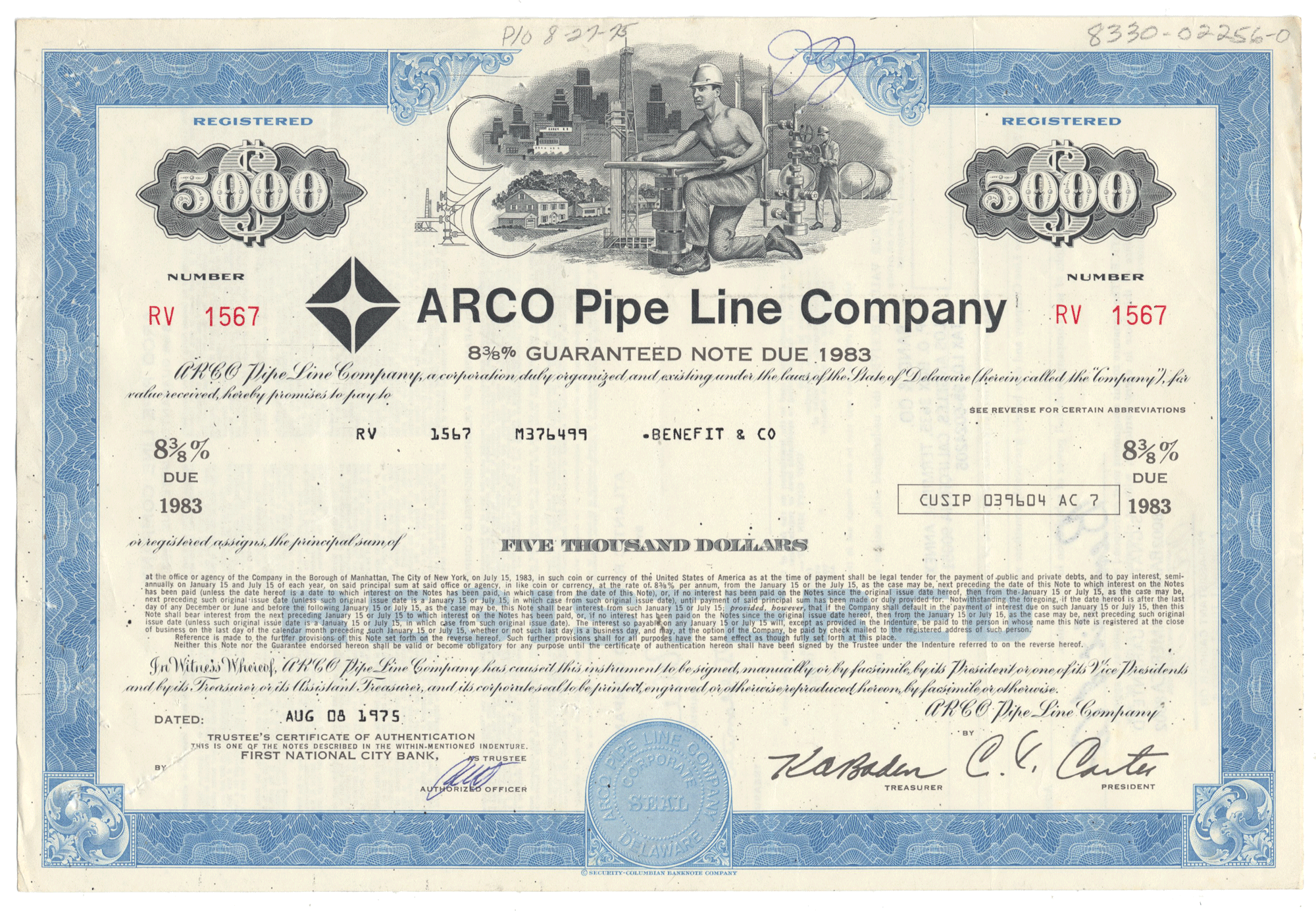 Arco Pipe Line Company bond certificate with blue border and text