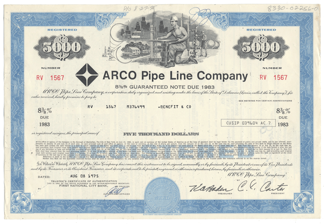 Arco Pipe Line Company bond certificate with blue border and text