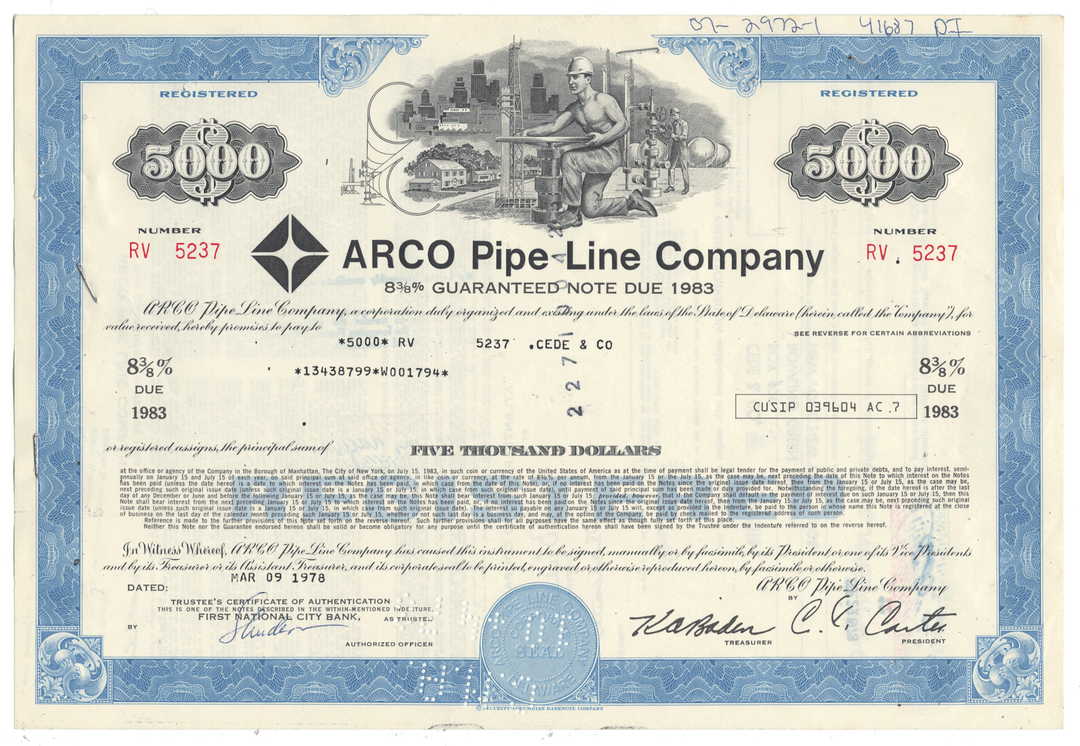 Arco Pipe-Line Company bond certificate with decorative elements from 1978