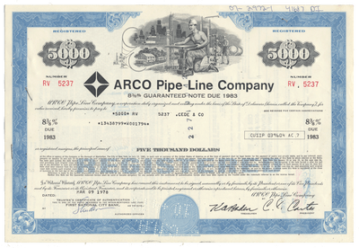 Arco Pipe-Line Company bond certificate with decorative elements from 1978