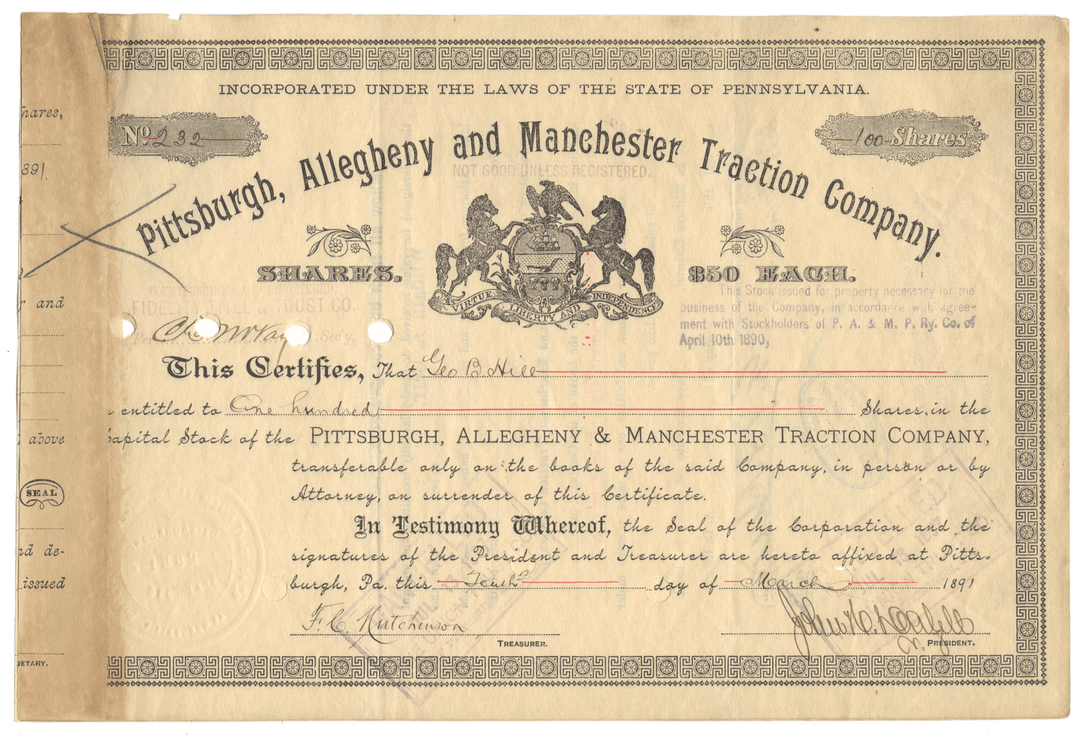 Vintage stock certificate for the Pittsburgh, Allegheny and Manchester Traction Company dating back to 1891