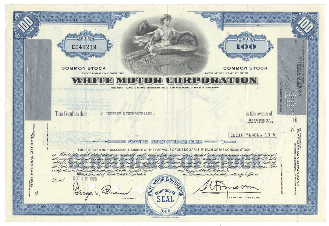 A vintage White Motor Corporation stock certificate from 1978