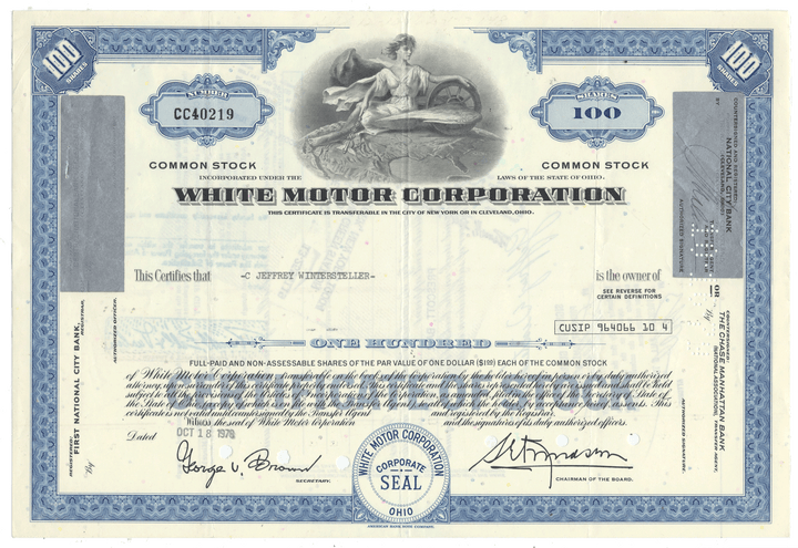 A vintage White Motor Corporation stock certificate from 1978