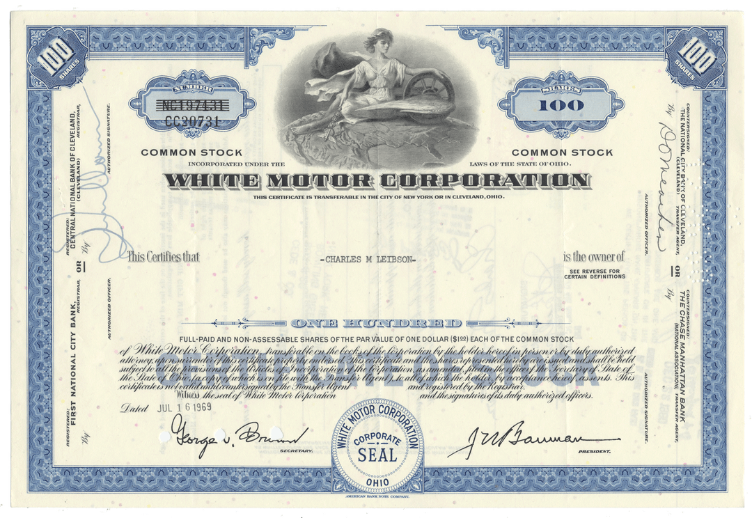 Vintage stock certificate of White Motor Corporation with decorative elements