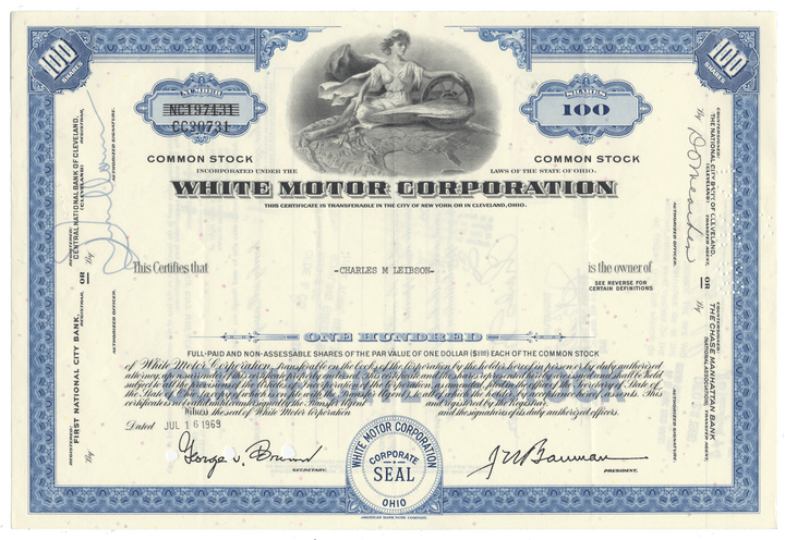 Vintage stock certificate of White Motor Corporation with decorative elements