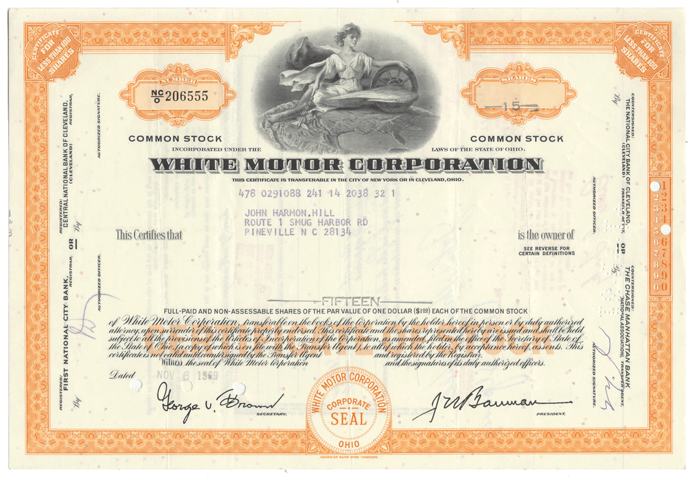 Vintage stock certificate of White Motor Corporation with decorative elements