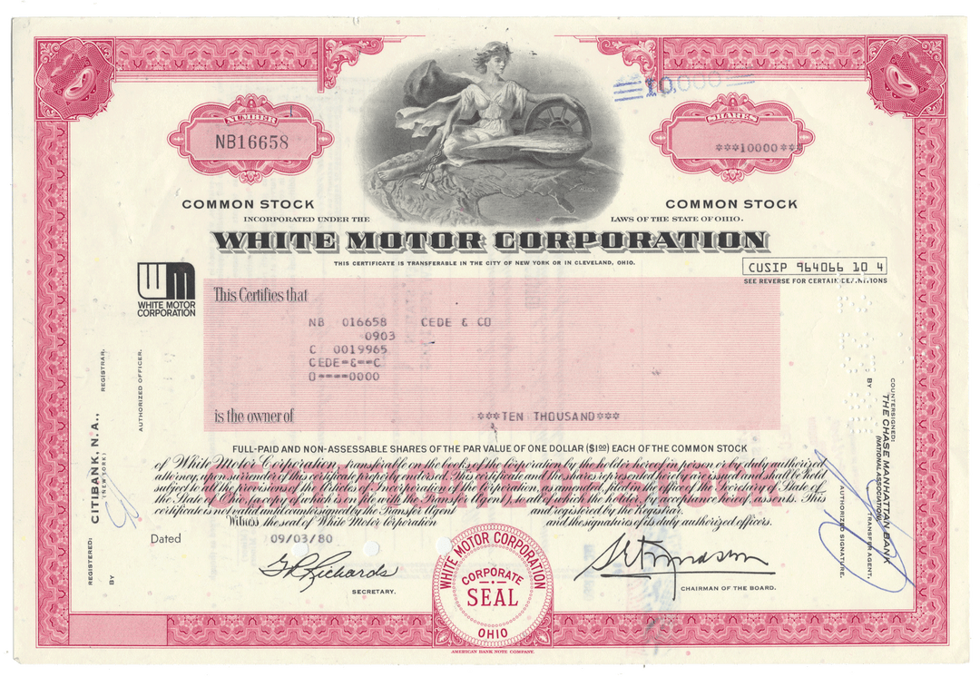 Vintage stock certificate of White Motor Corporation with  detailed design.