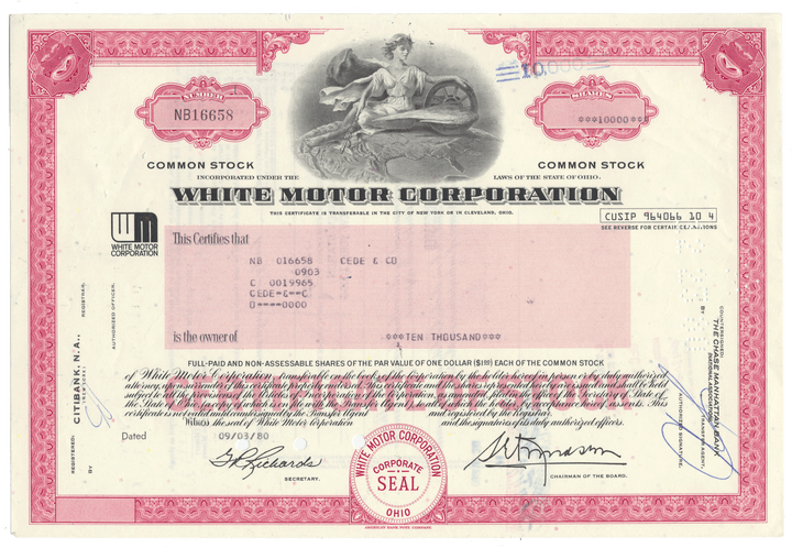 Vintage stock certificate of White Motor Corporation with  detailed design.