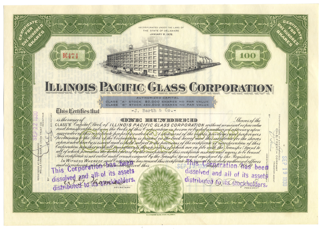 Illinois Pacific Glass Corporation Stock Certificate