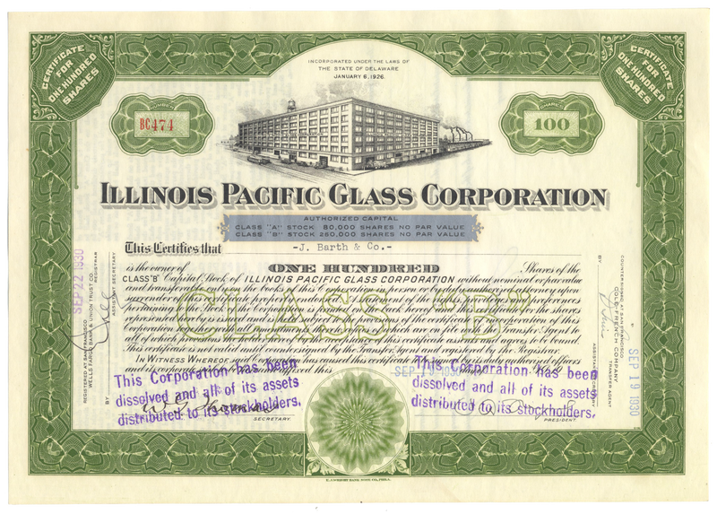 Illinois Pacific Glass Corporation Stock Certificate