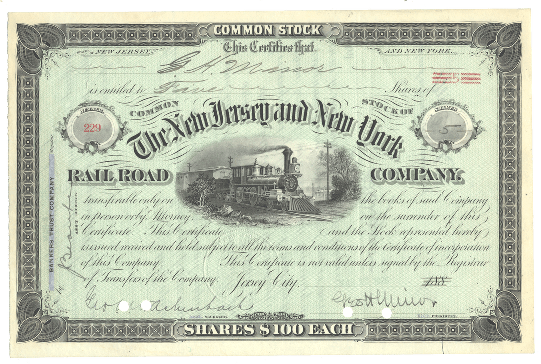 Stock certificate of The New Jersey and New York Railroad Company with a steam locomotive illustration from 1923