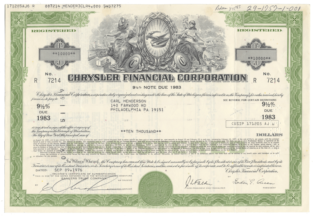 Chrysler Financial Corporation Bond Certificate