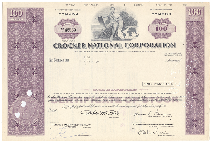 Crocker National Corporation Stock Certificate