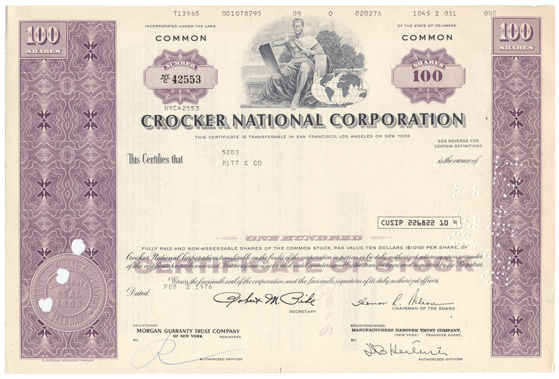 Crocker National Corporation Stock Certificate
