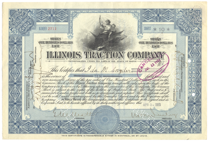 Illinois Traction Company Stock Certificate