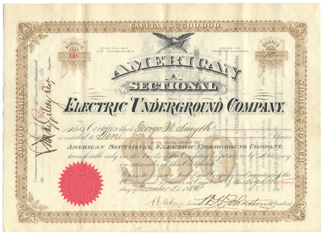 American Sectional Electric Underground Company Stock Certificate