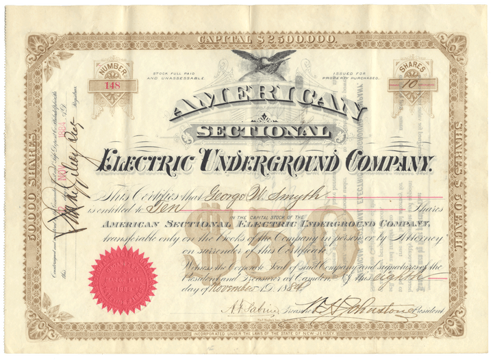 American Sectional Electric Underground Company Stock Certificate