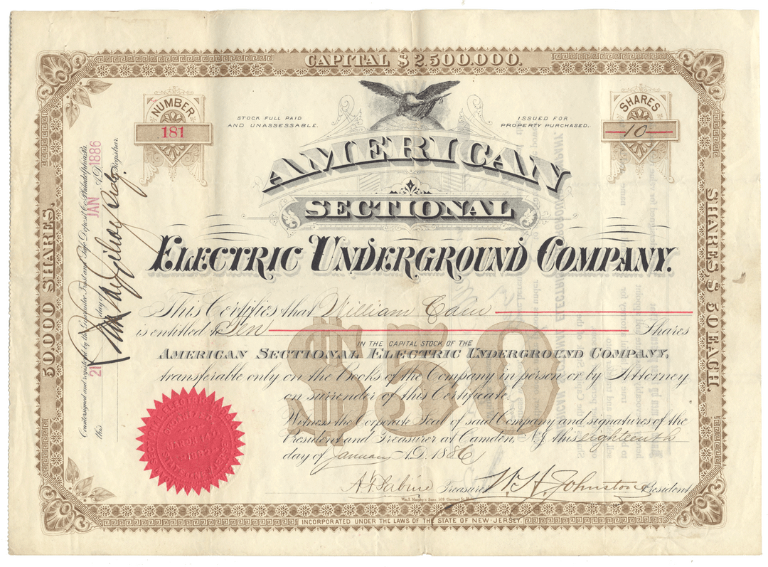 Vintage stock certificate for the American Sectional Electric Underground Company with a red stamp.