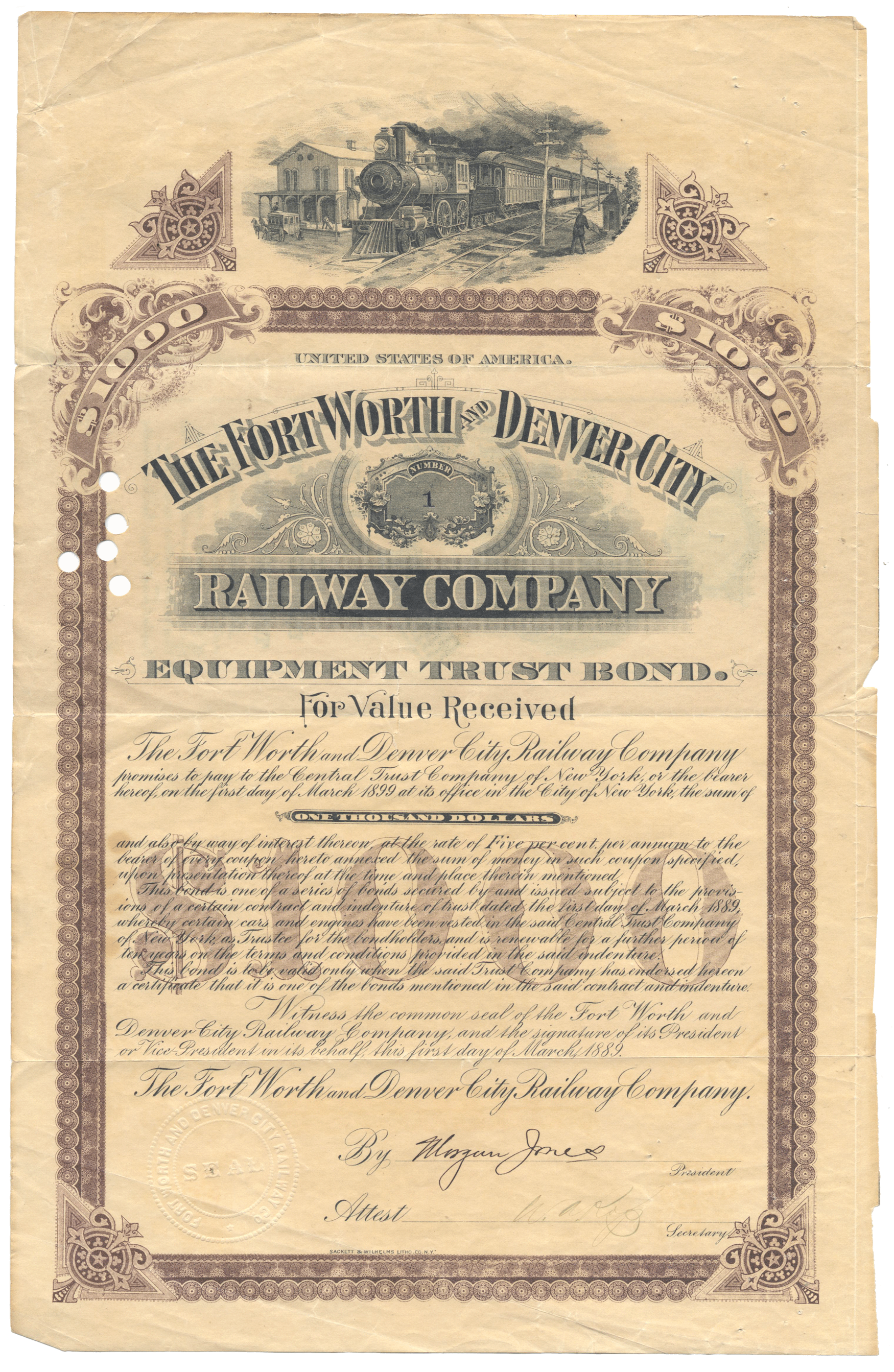 Vintage bond certificate of the Fort Worth & Denver City Railway Company from 1889